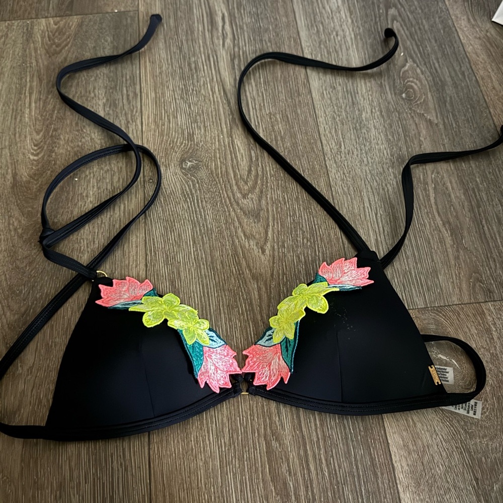 Black Bikini Top with Floral Embroidery